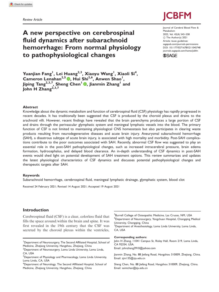 CSF Dynamics Post-Subarachnoid Hemorrhage | PDF | Cerebrospinal Fluid ...