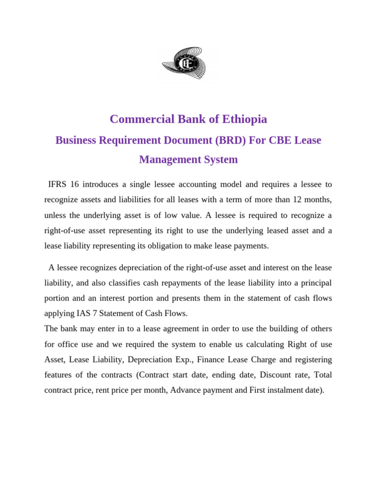 CBE Lease Management System BRD | PDF | Lease | Financial Economics