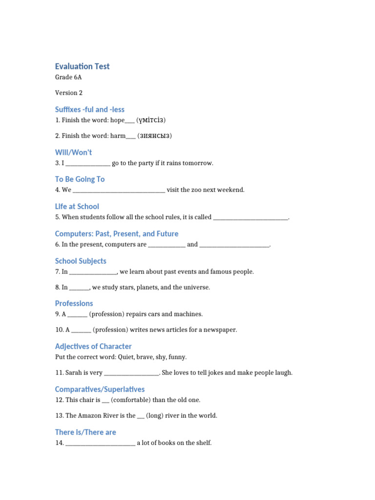 Evaluation Test Grade 6A Version 2 | PDF