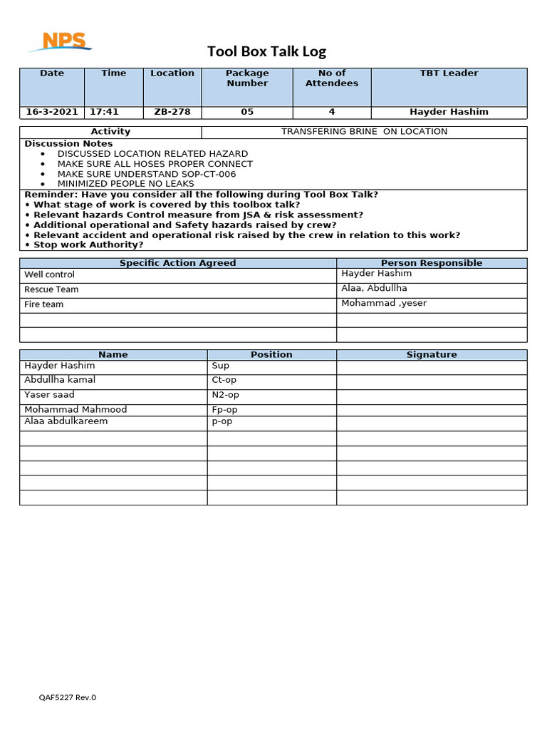 Rams Sign-Off Sheet for Tool Box Talk | PDF