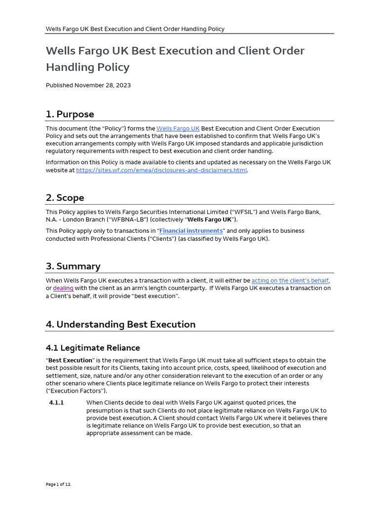 Wells Fargo UK Best Execution Policy | PDF | Derivative (Finance ...