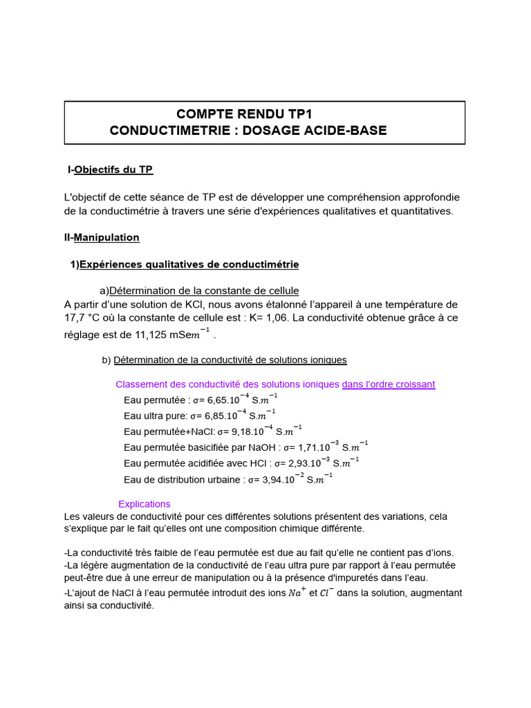 Conductimétrie : Dosage Acide-Base | PDF | Titrage | Chimie