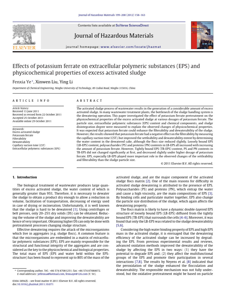 Effects of Potassium Ferrate on Extracellular Polymeric Substances (EPS ...