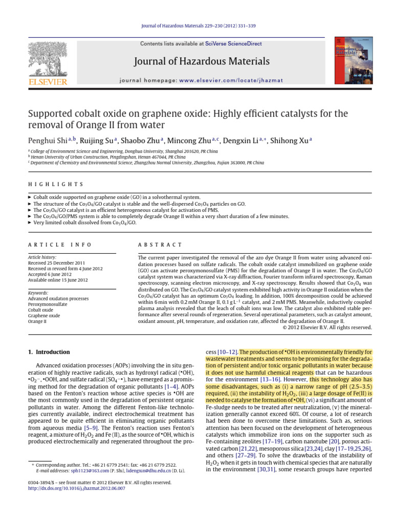 Supported Cobalt Oxide On Graphene Oxide Highly Efficient Catalysts For ...
