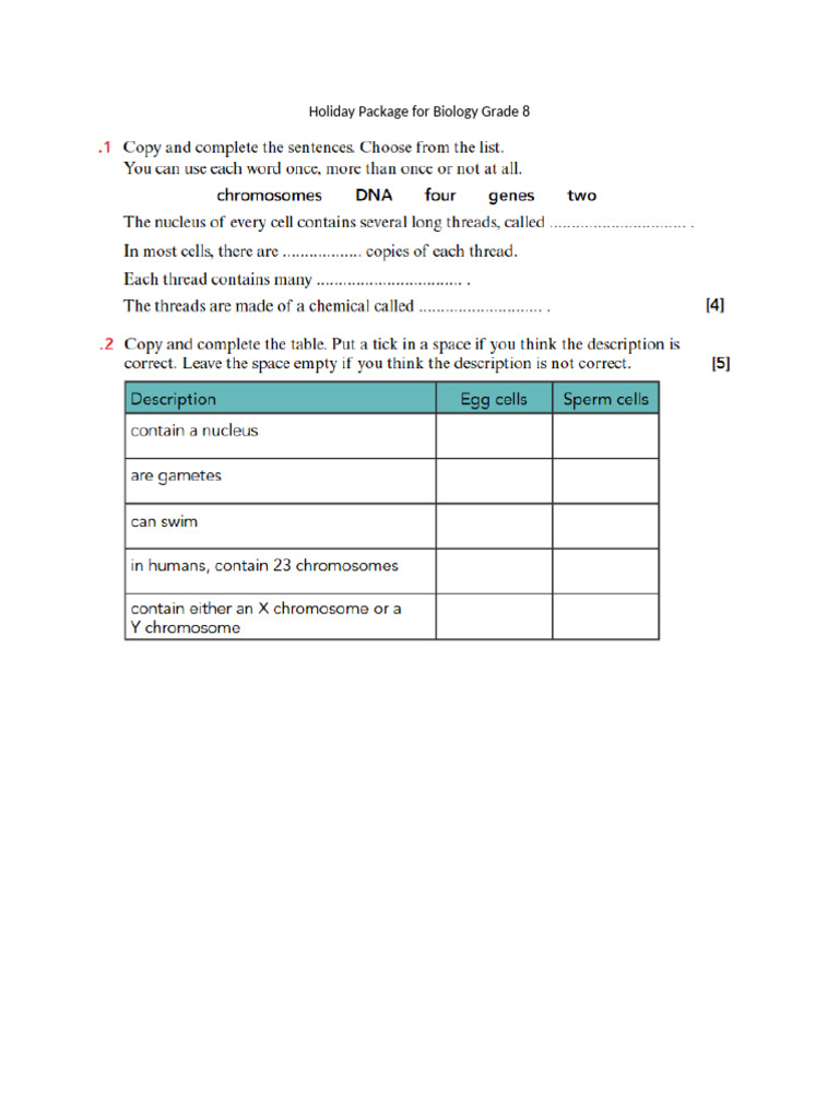 Holiday Package for Biology Grade 8 | PDF