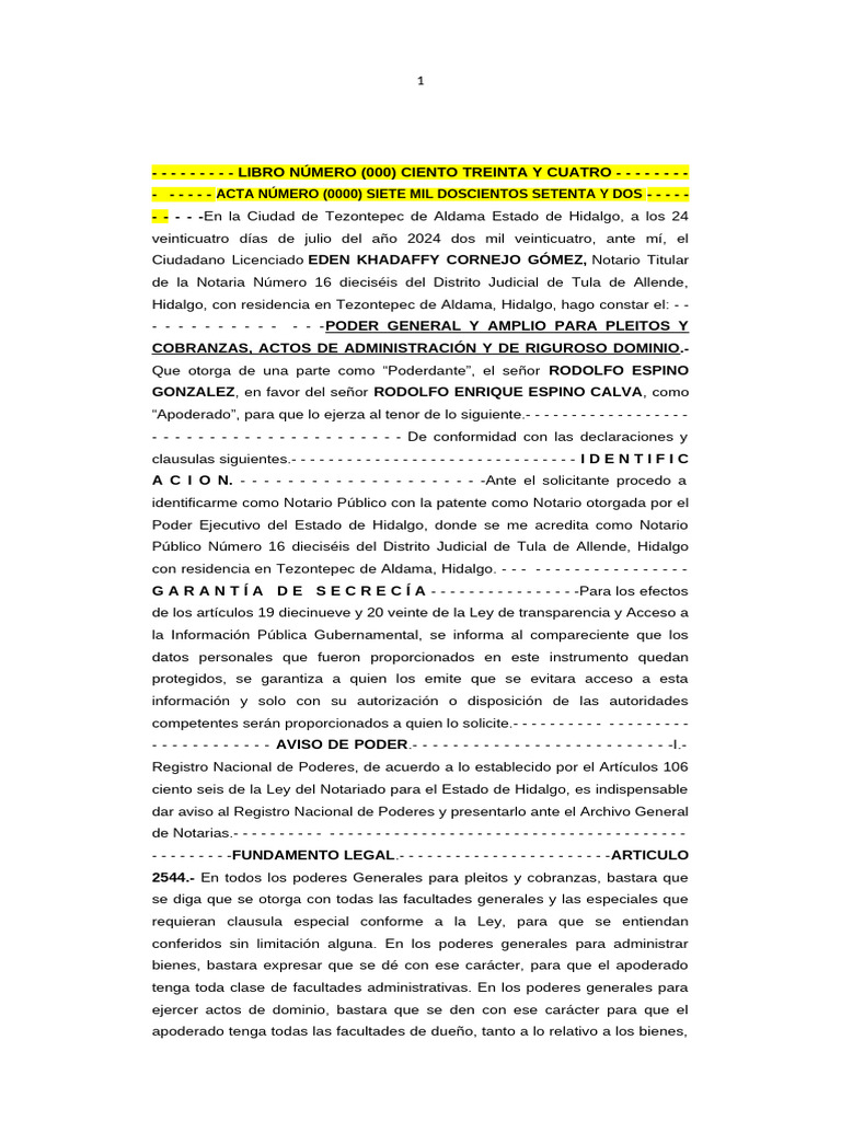 Poder Notarial General en Hidalgo | PDF | Ley común | Derecho Civil ...