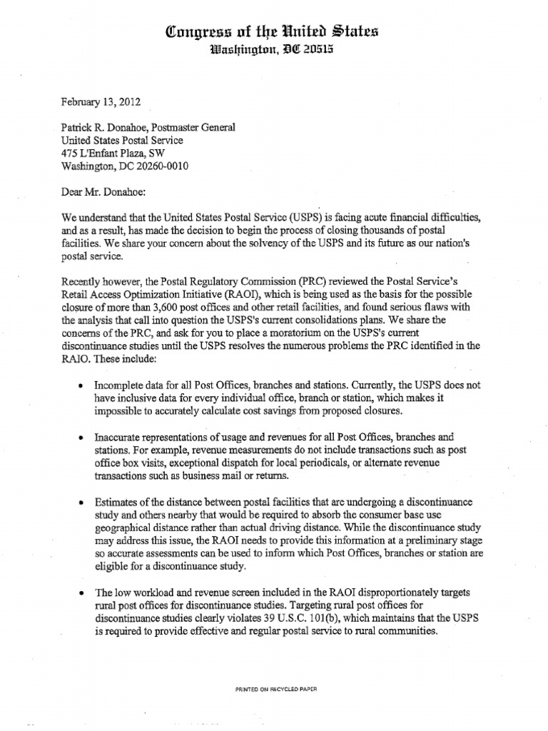 Letter to USPS on the RAOI