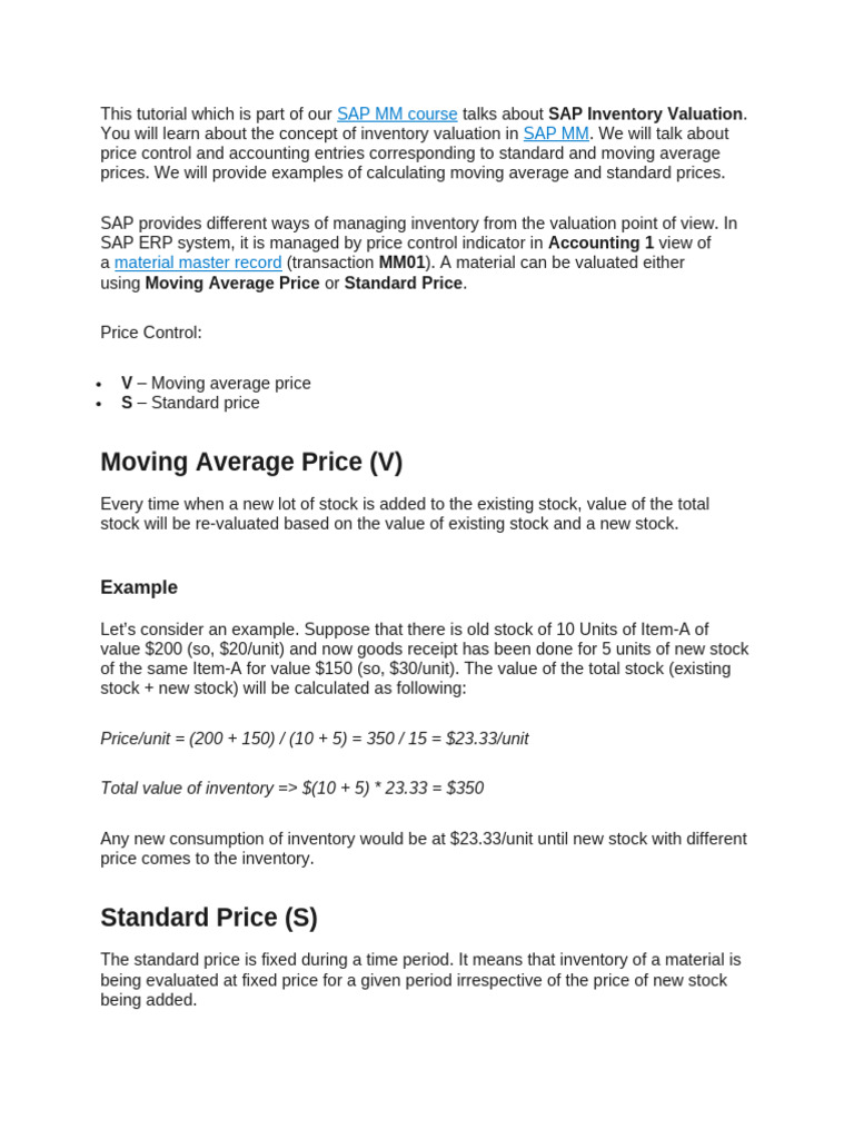 SAP Inventory Valuation Explained | PDF | Inventory | Moving Average