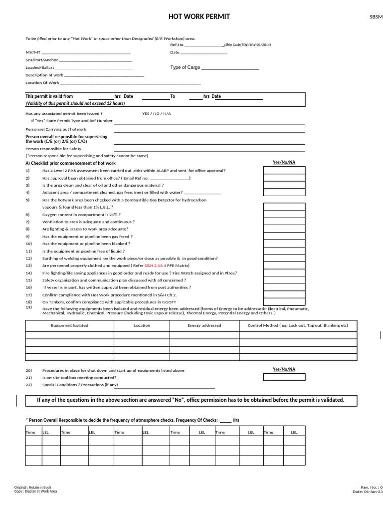 Hot Work Permit Checklist Template | PDF | Gases