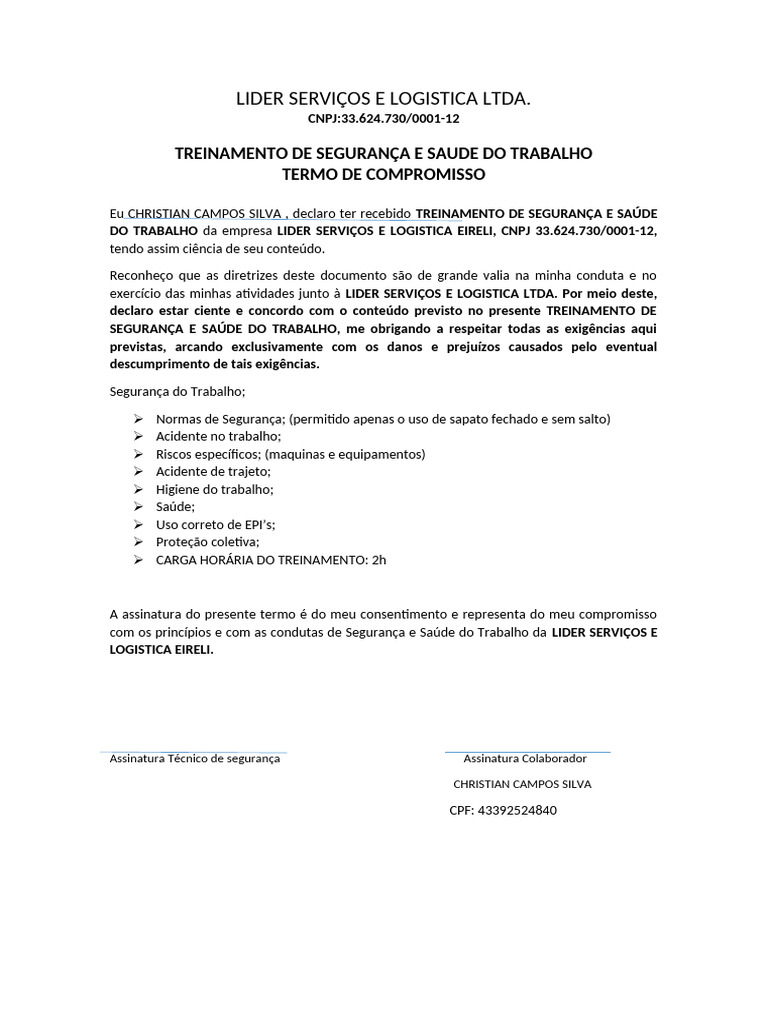 Termo de Compromisso: Segurança do Trabalho | PDF