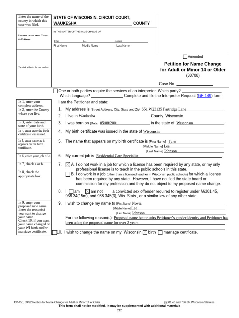Wisconsin Name Change Petition Form | PDF | Society Of The United ...