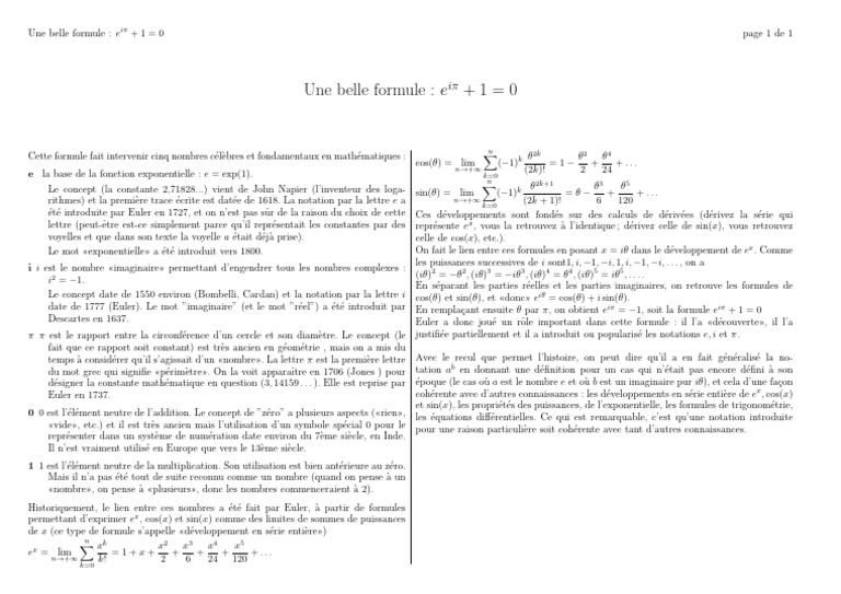 La formule d'Euler : eiπ + 1 = 0 | PDF | Pi | Leonhard Euler