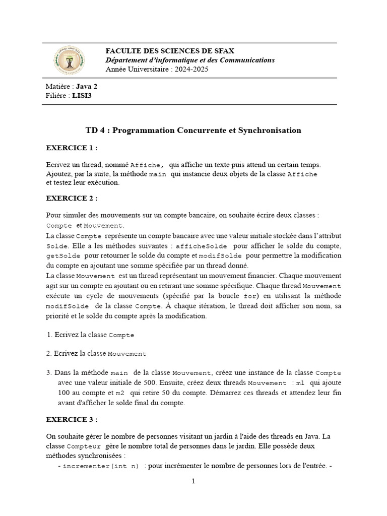 Exercices de Programmation Concurrente en Java | PDF | Thread ...