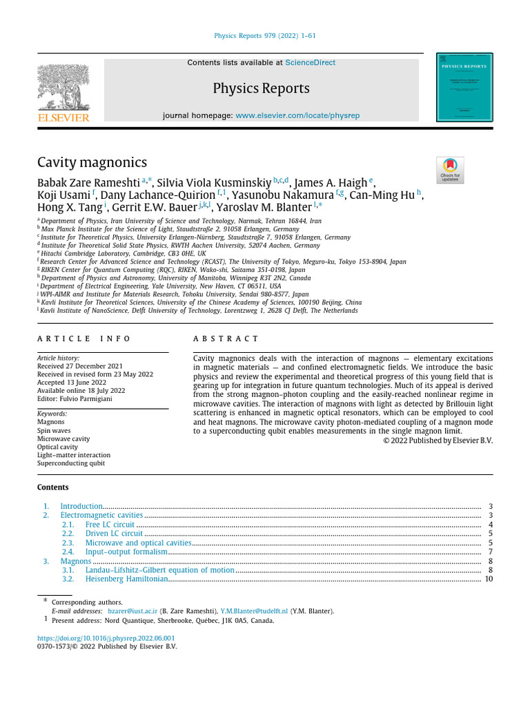 Cavity Magnonics: Advances and Applications | PDF | Photon | Resonance