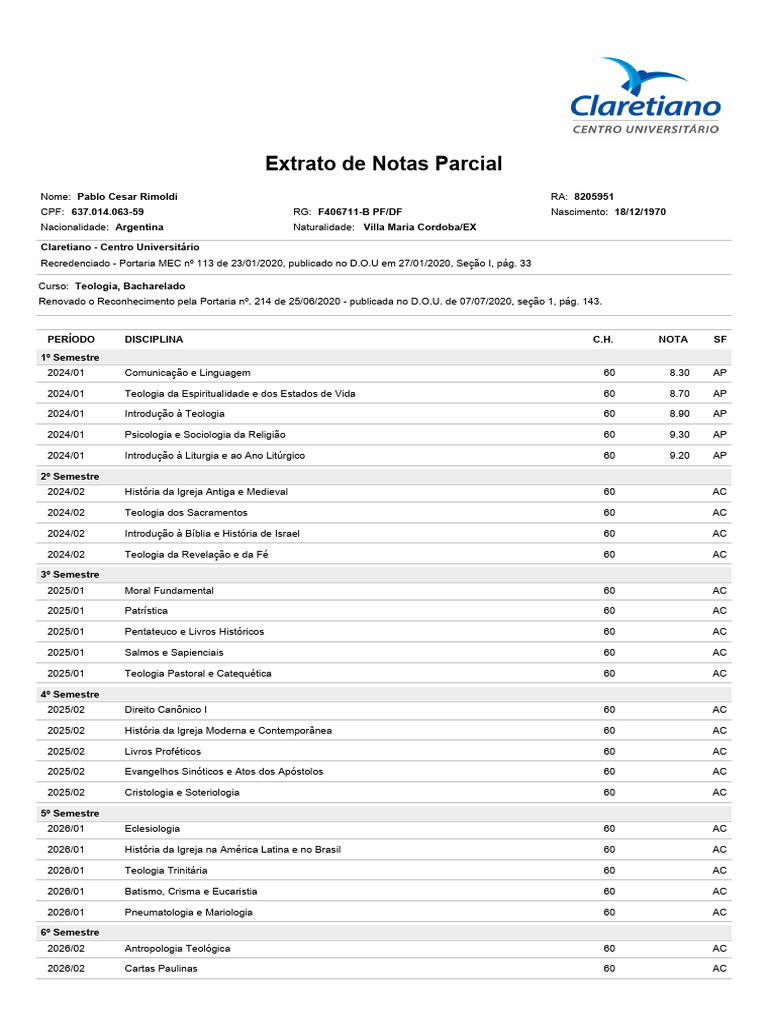 Extrato de Notas Parcial | PDF | Igreja católica | Crença e doutrina ...