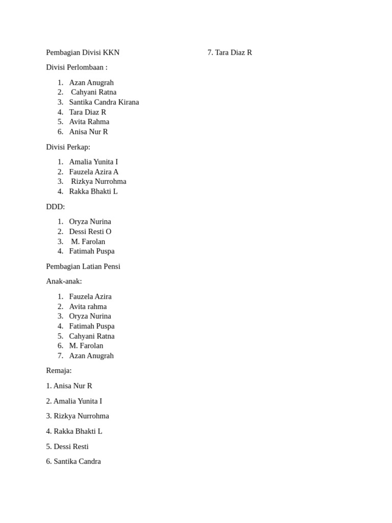 Pembagian Divisi KKN | PDF