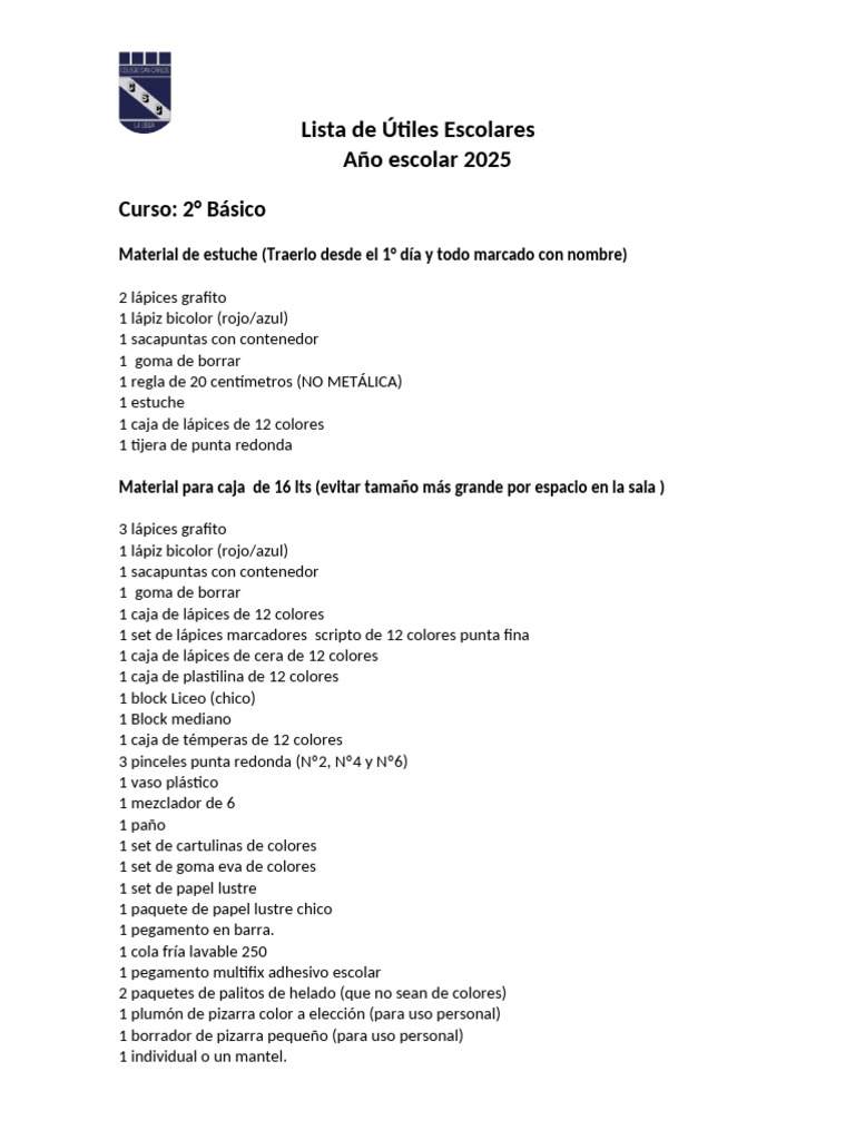 Segundo Básico Lista de Útiles Escolares 2025 | PDF | Lápiz | Color