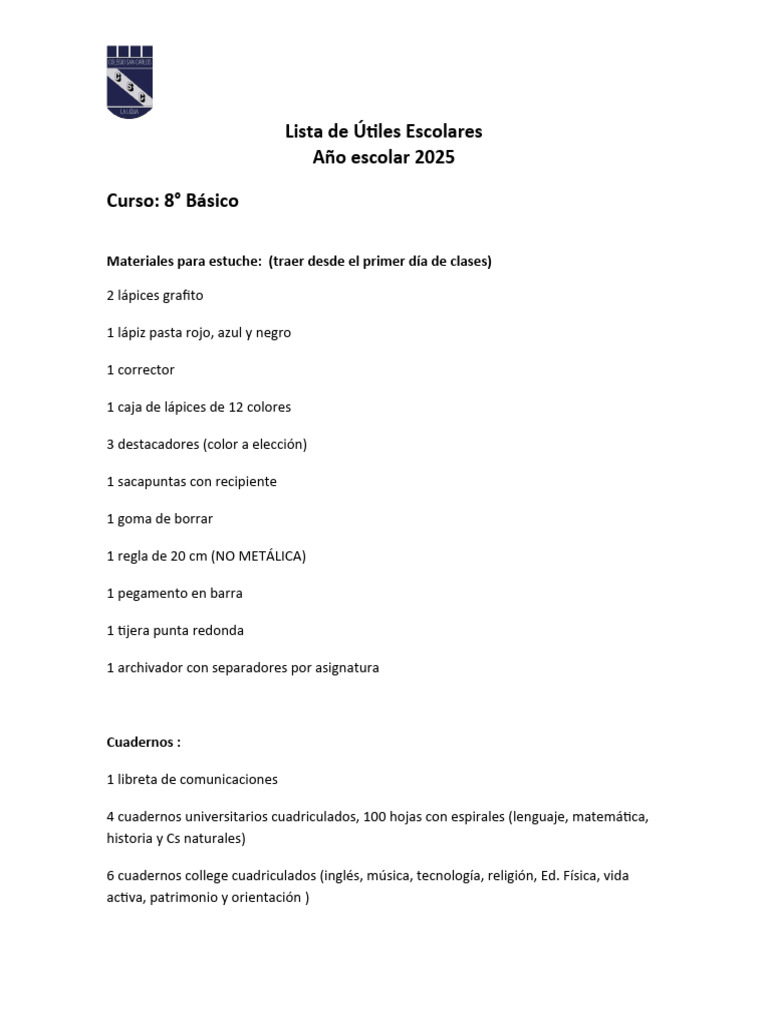 Octavo Básico Lista de Útiles Escolares 2025 | PDF | Lápiz