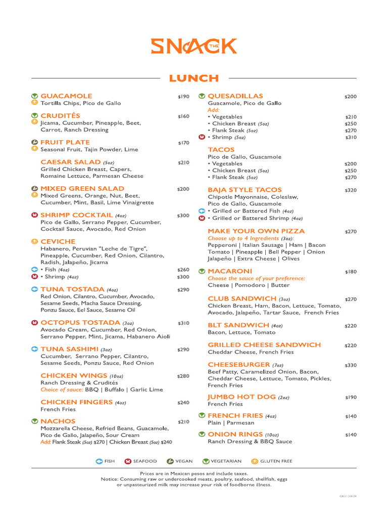 Lunch Menu The Snack GBLC | PDF