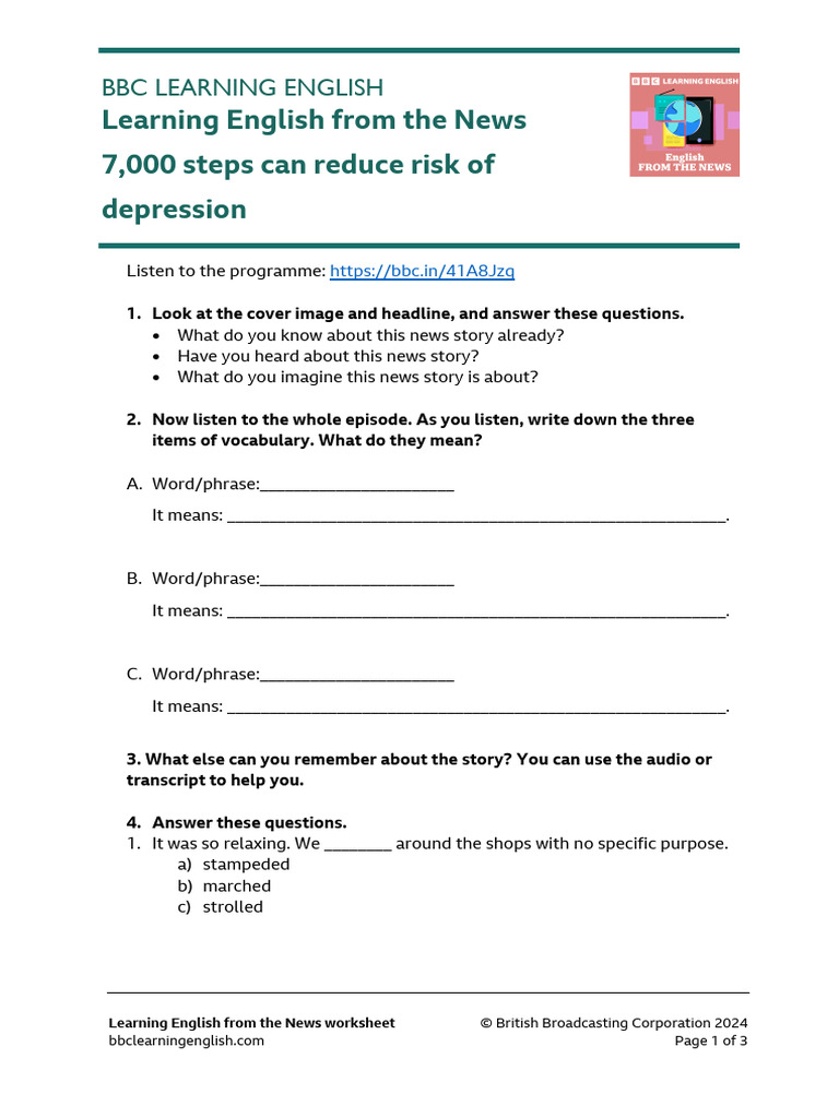 LEFTN 7000 Steps Can Reduce Risk of Depression Worksheet | PDF | Human ...
