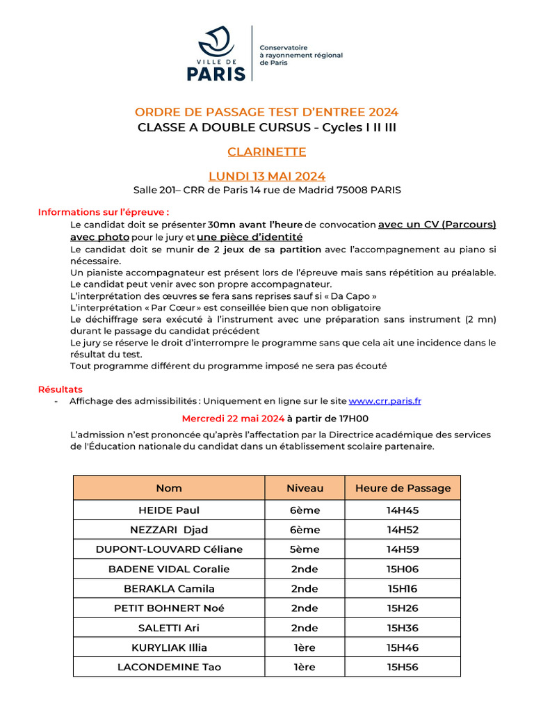 ODP test entrée Clarinette MAI 2024 | PDF