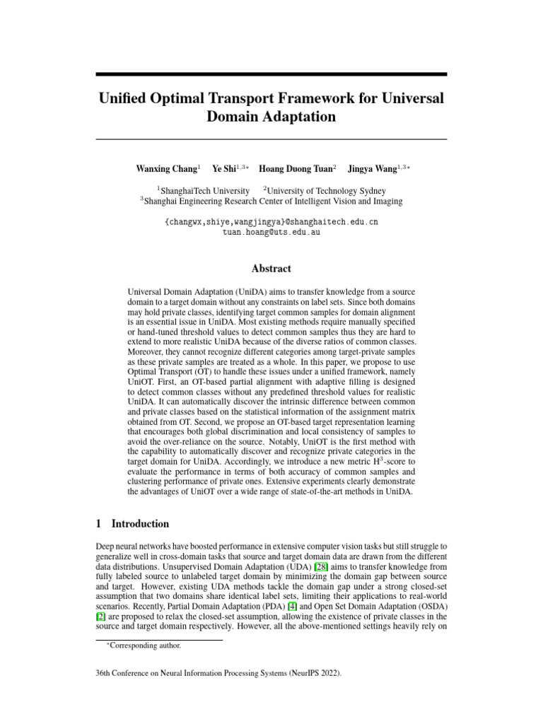 NeurIPS 2022 Unified Optimal Transport Framework For Universal Domain ...