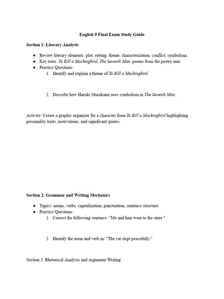 English 9 Final Exam Study Guide | PDF