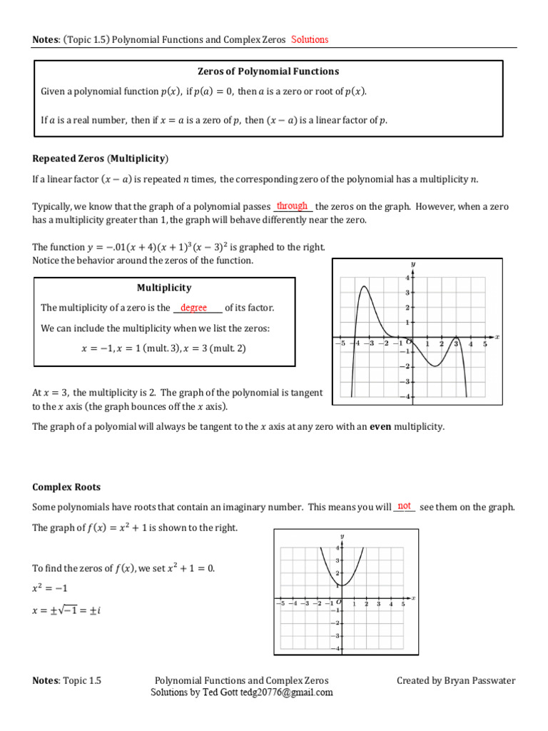 Notes Key Topic 1.5 Polynomial Functions and Complex Zeros Ap PC | PDF ...