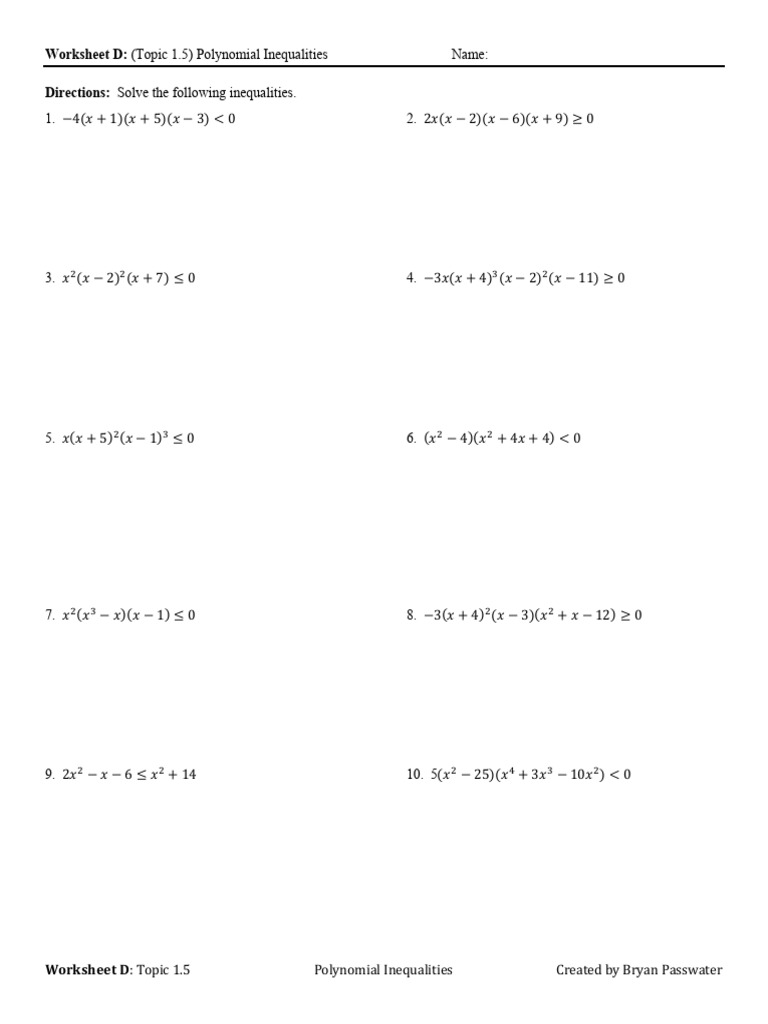 Polynomial Inequalities Worksheet D | PDF