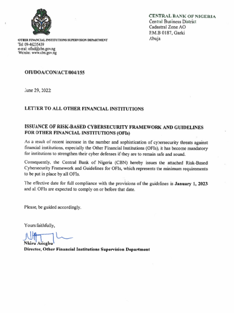Letter to all OFIs Issuance of Risk-Based Cybersecurity Framework and ...