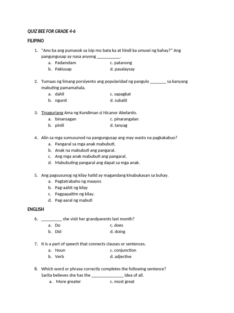 Grade 4-6 Quiz Bee Questions | PDF | English Language | Grammar