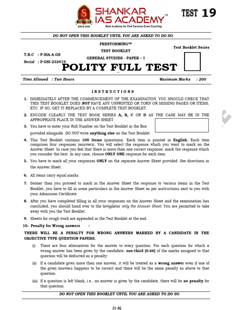 Shankar IAS Prelims 2024 Test 19 With Solution | PDF | Bill (Law ...