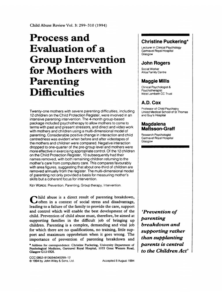 Process and Evaluation of A Group Intervention For Mothers With ...