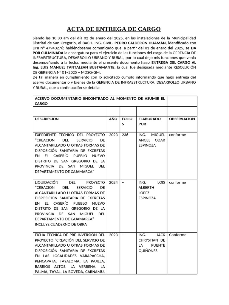 Acta de Entrega de Cargo Municipal | PDF | Higiene | Gestión de residuos