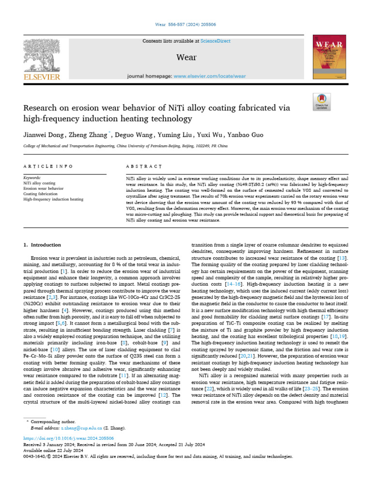 Research On Erosion Wear Behavior of NiTi Alloy Coating Fabricated Via ...