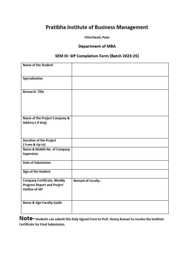 MBA SIP Completion Form 2023-25 | PDF