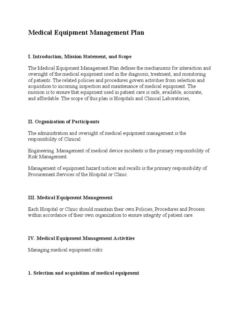Medical Equipment Management Plan | PDF | Medical Device | Medicine