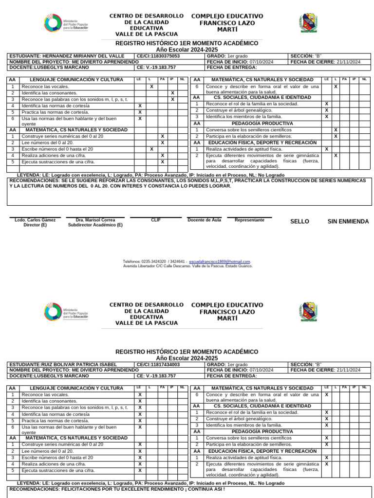 Boletas de Lus Marcano Primer Lapso | PDF | Sociedad | Deportes