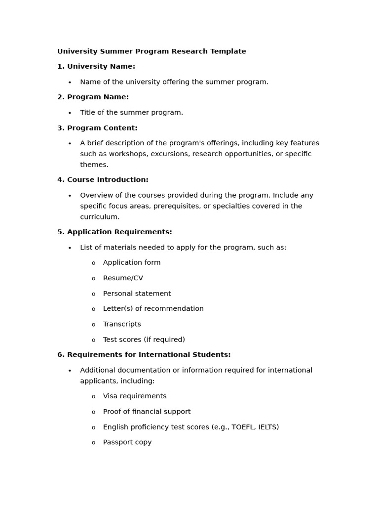 Summer Program Research Template | PDF