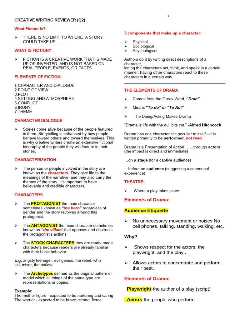 Creative Writing Reviewer (q2) | PDF | Play (Theatre)