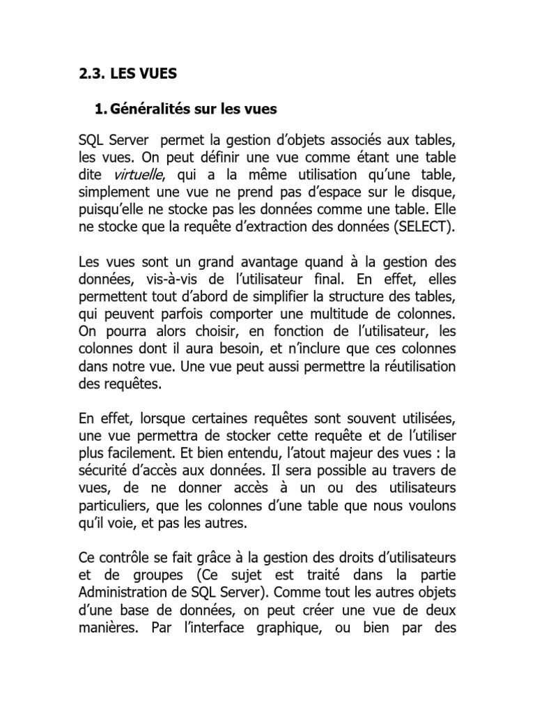 Création et avantages des vues SQL | PDF | SQL | Microsoft SQL Server
