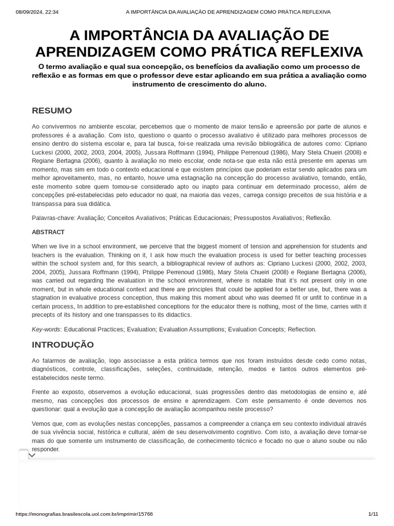 Avaliação de Aprendizagem e Reflexão | PDF | Aprendizado | Pedagogia