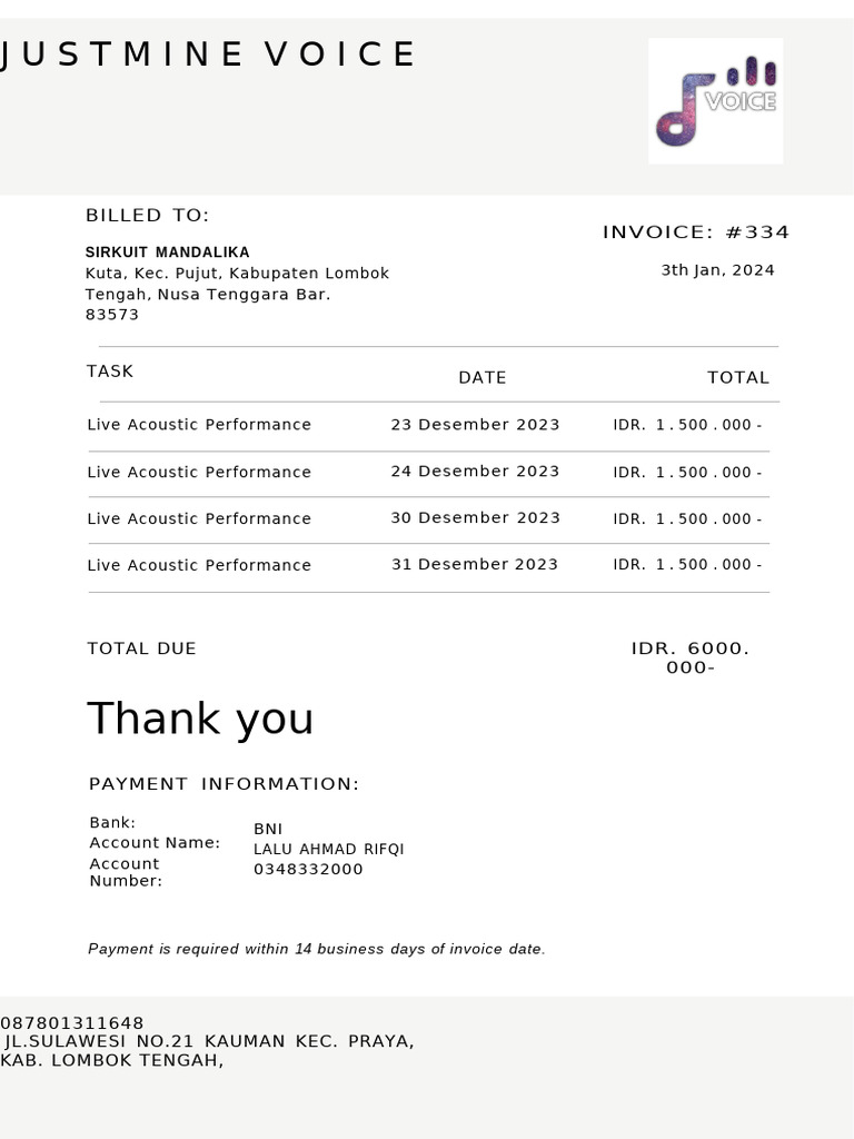 Invoice for Live Acoustic Performances | PDF