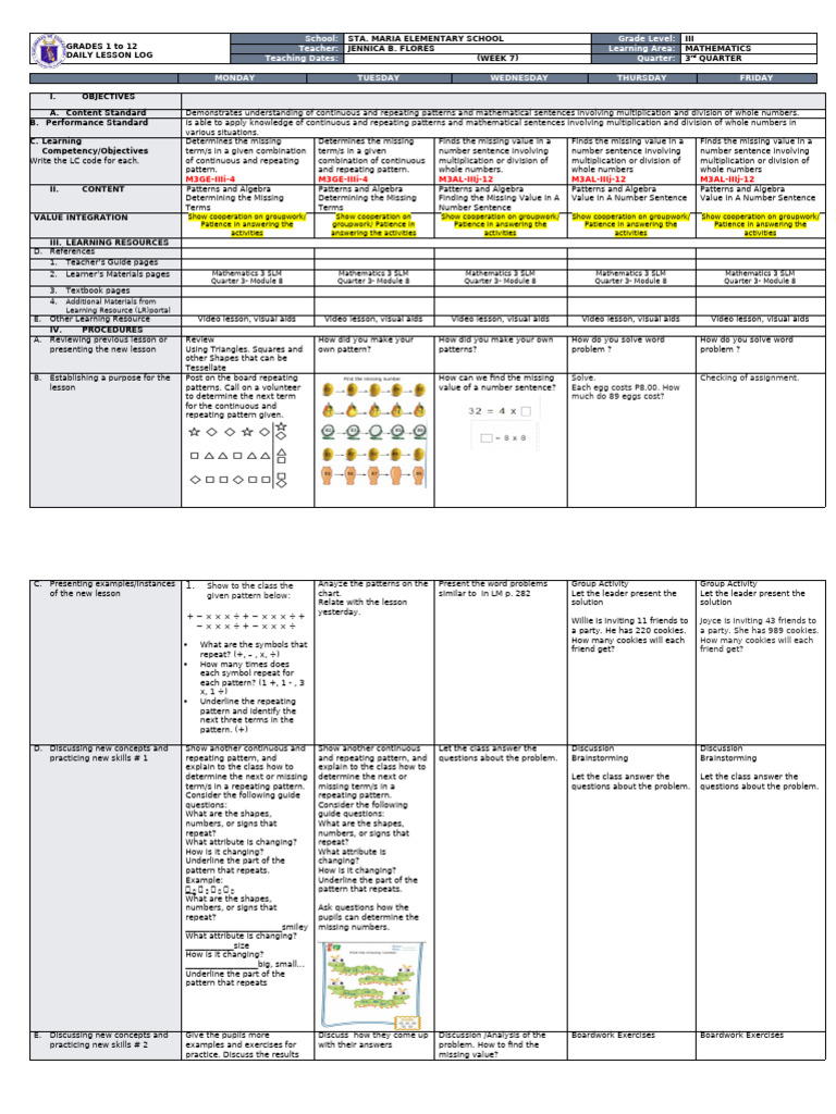 Grade 3 Math Daily Lesson Plan | PDF | Algebra | Learning