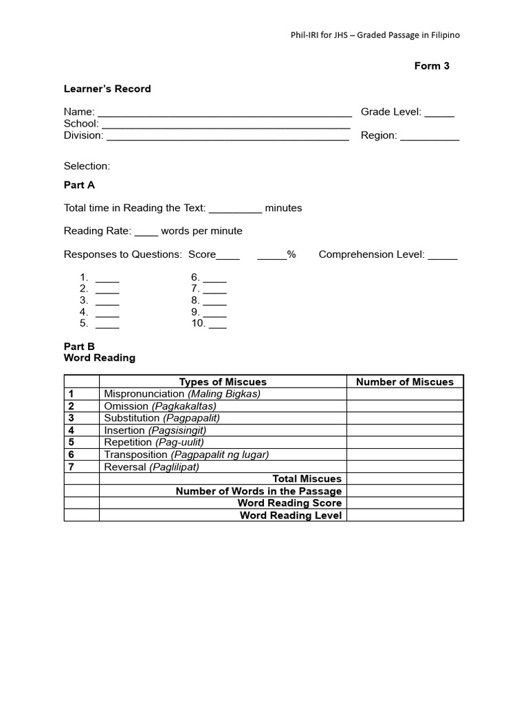 Phil-IRI Form 3 Learner’s Record | PDF | Written Communication ...