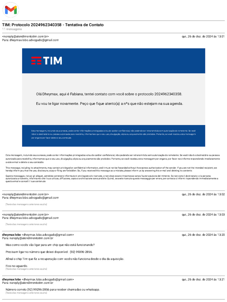 Protocolo TIM: Tentativa de Contato 2024962340358 | PDF | Informática ...