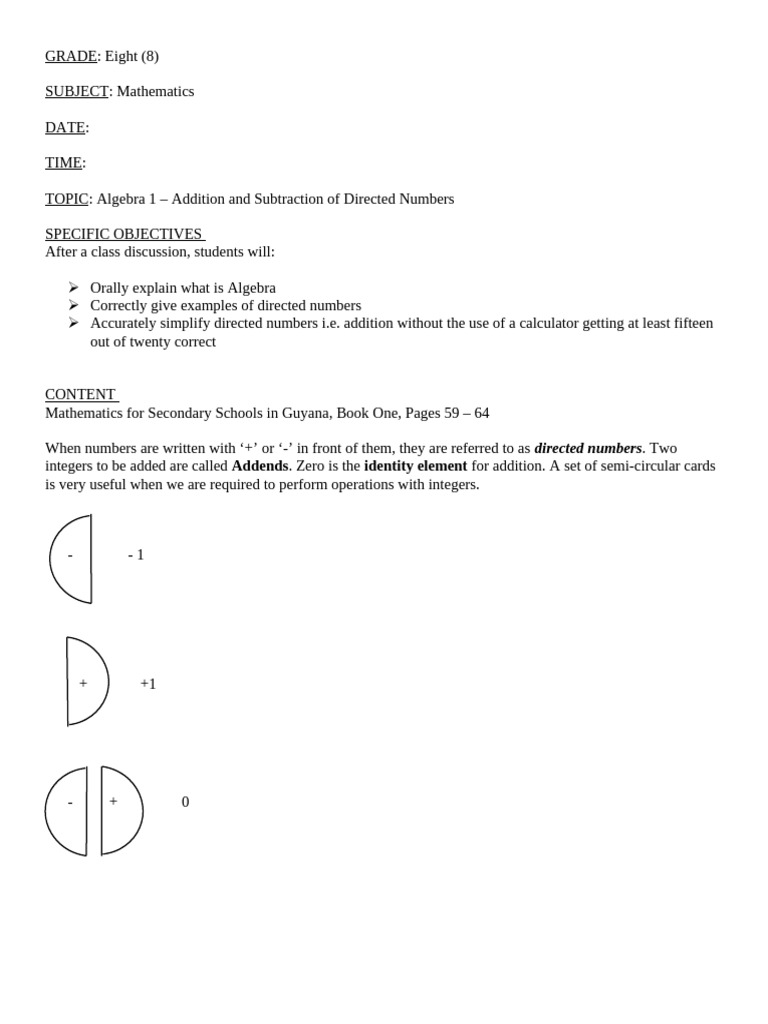 Algebra 1 - Addition and Subtraction of Directed Numbers | PDF ...