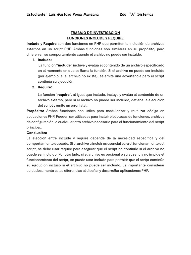 Funciones PHP: Include vs Require | PDF