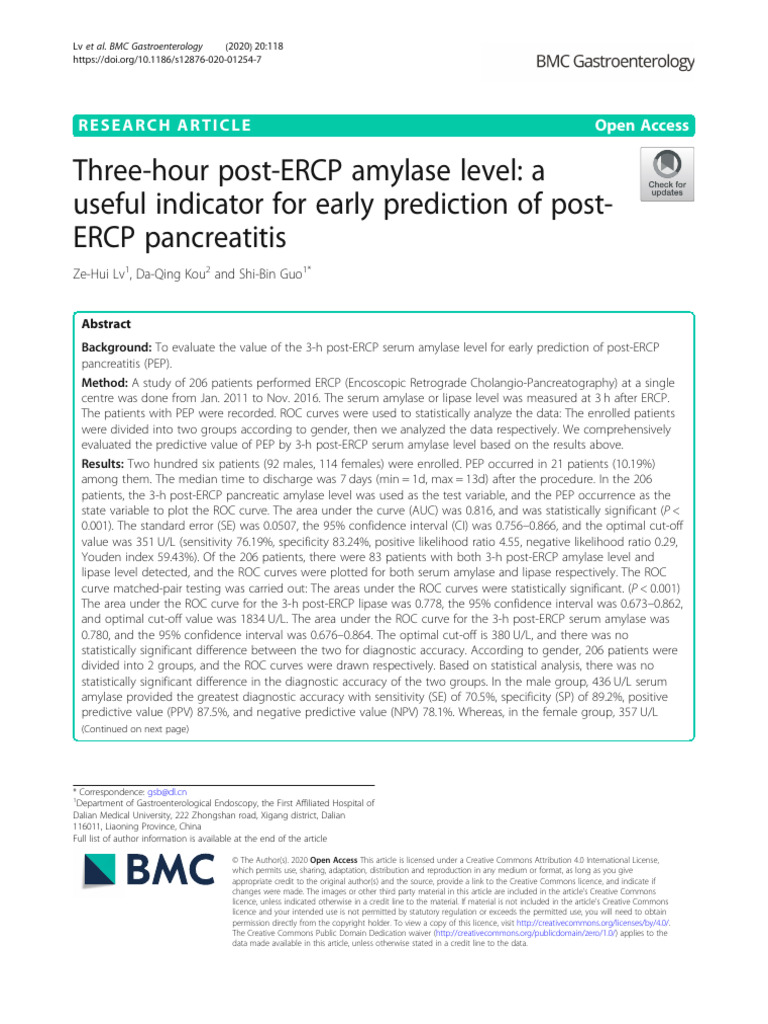 Three-Hour post-ERCP Amylase Level | PDF | Sensitivity And Specificity ...