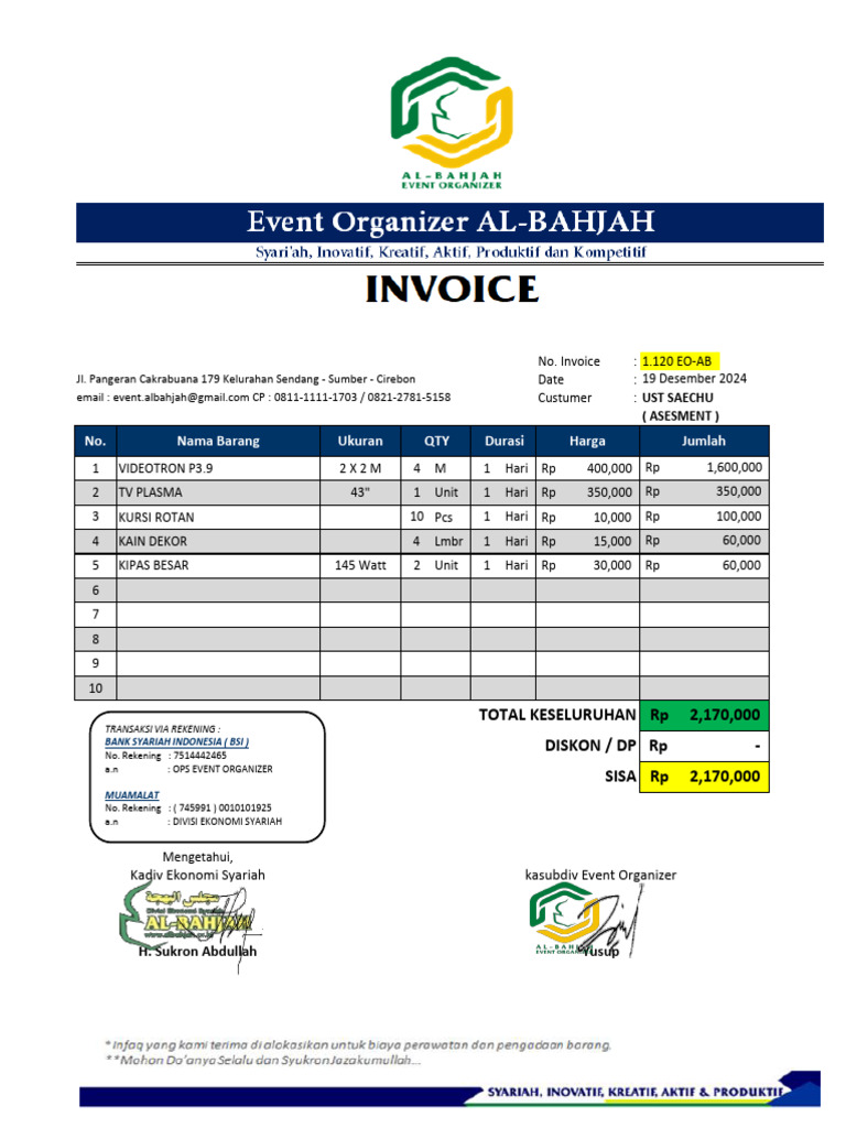 Invoice Sewa Peralatan Event Saechu | PDF